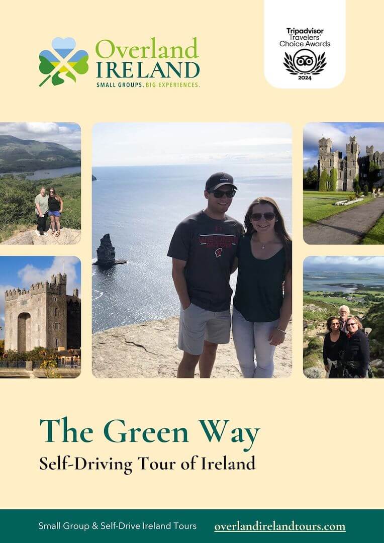 A brochure titled "The Green Way: Self-Driving Tour of Ireland" featuring various scenic locations in Ireland and a happy couple posing by the coastline. TripAdvisor Travelers' Choice Awards 2024 noted.