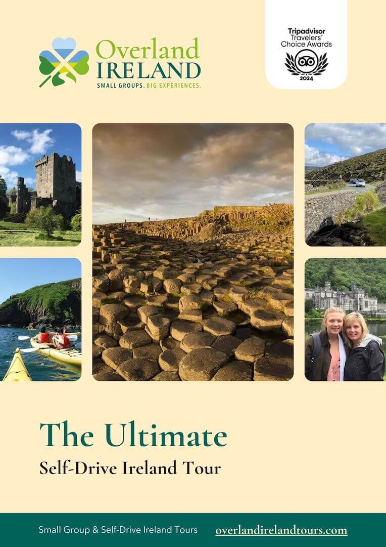 Promotional poster for Overland Ireland featuring images of Irish landscapes and historic sites, TripAdvisor's Travelers' Choice Award logo, and text promoting small group and self-drive Ireland tours.