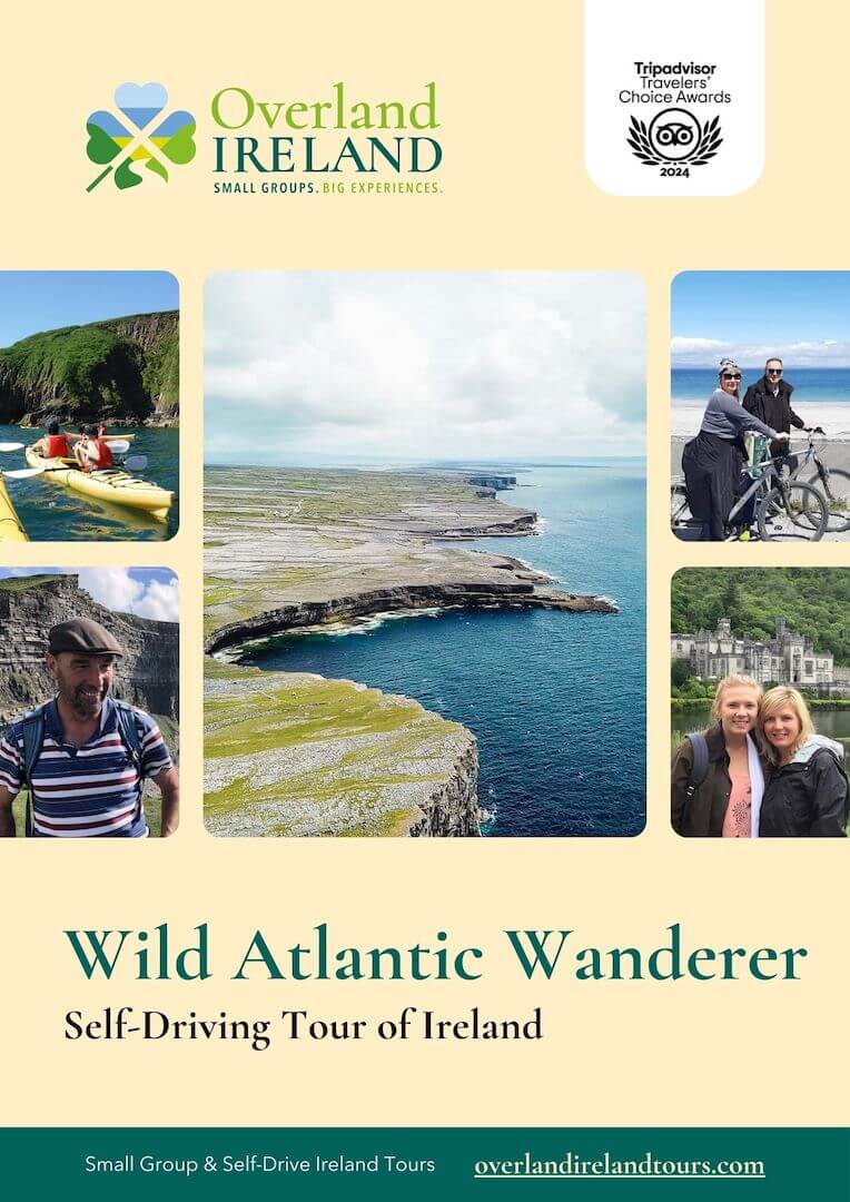 A promotional poster for Overland Ireland’s self-driving tour, featuring coastal scenery and tourists. Text highlights include "Wild Atlantic Wanderer," with TripAdvisor award emblem and tour website.